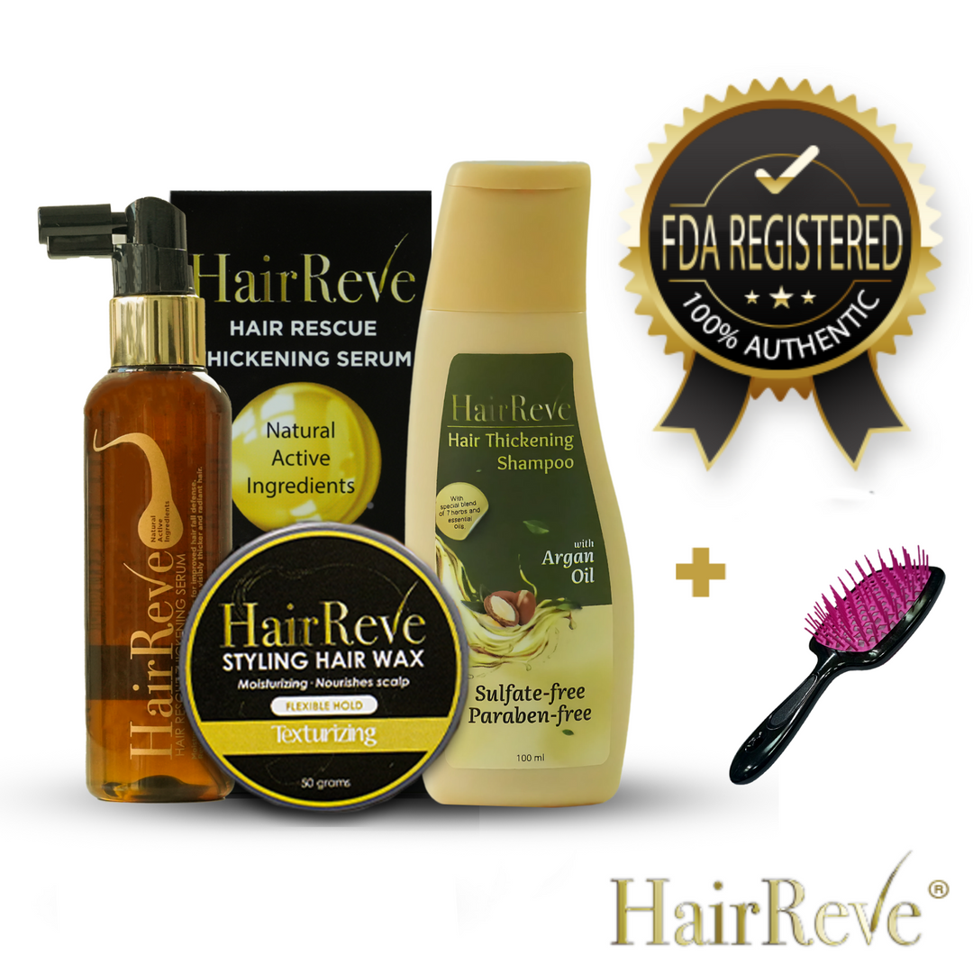 HairReve Ultimate Gift Set - Thickening SERUM + Sulfate-Free SHAMPOO + Styling Hair WAX or GEL + BRUSH