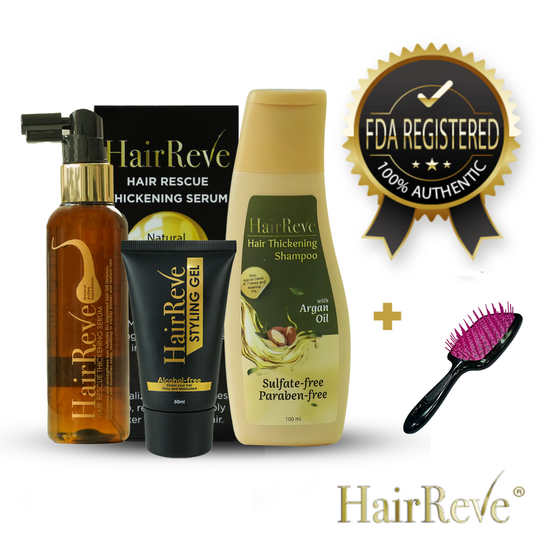 HairReve Ultimate Gift Set - Thickening SERUM + Sulfate-Free SHAMPOO + Styling Hair WAX or GEL + BRUSH