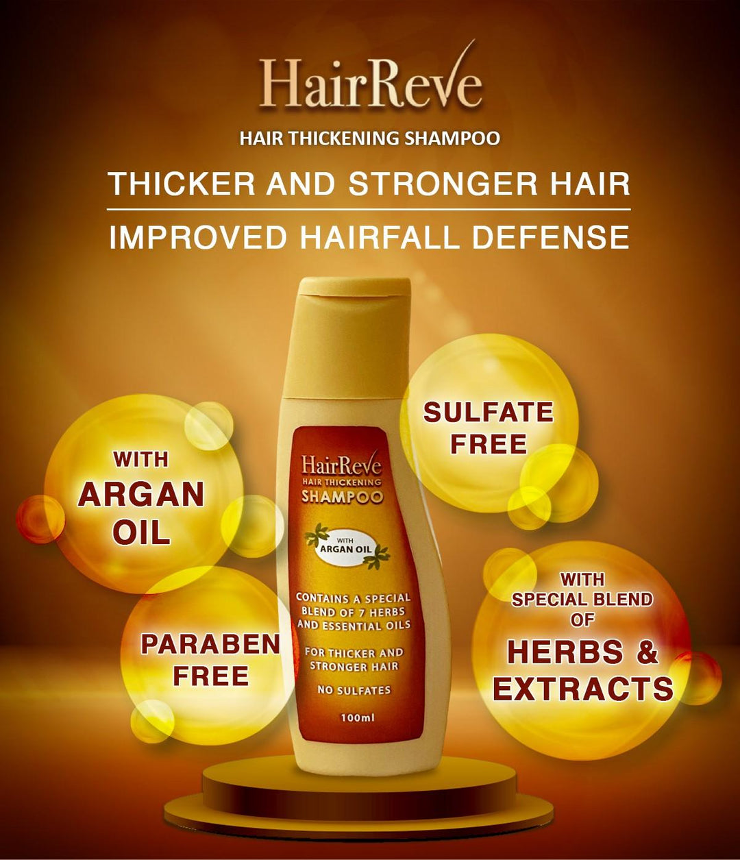 Hairreve Hair Thickening Sulfate-Free Shampoo with Argan Oil, 8 Herb Extracts & Essential Oils - 100ml - HairReve