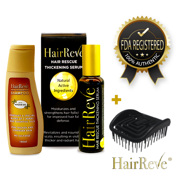 Hairreve Hair Rescue Gift Set - Thickening Serum, Sulfate-Free Shampoo & Scalp Massager / Hair Brush - 100ml each