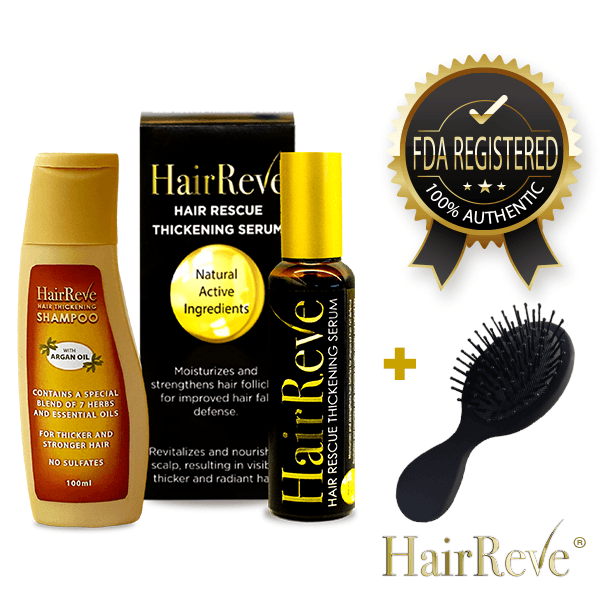 Hairreve Hair Rescue Gift Set - Thickening Serum, Sulfate-Free Shampoo & Scalp Massager / Hair Brush - 100ml each - HairReve