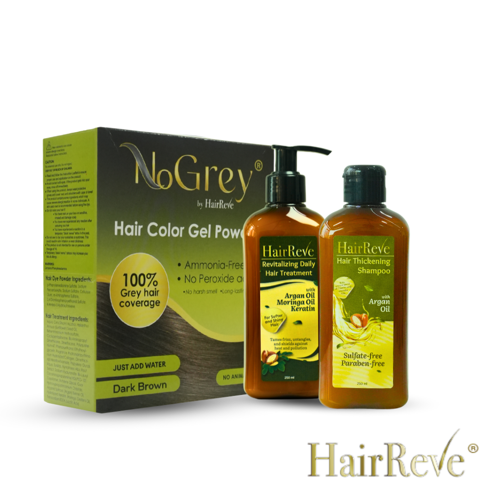NoGrey HAIR COLOR (No Ammonia Peroxide) + HairReve Sulfate-Free SHAMPOO (250ml) + Revitalizing Daily Hair TREATMENT