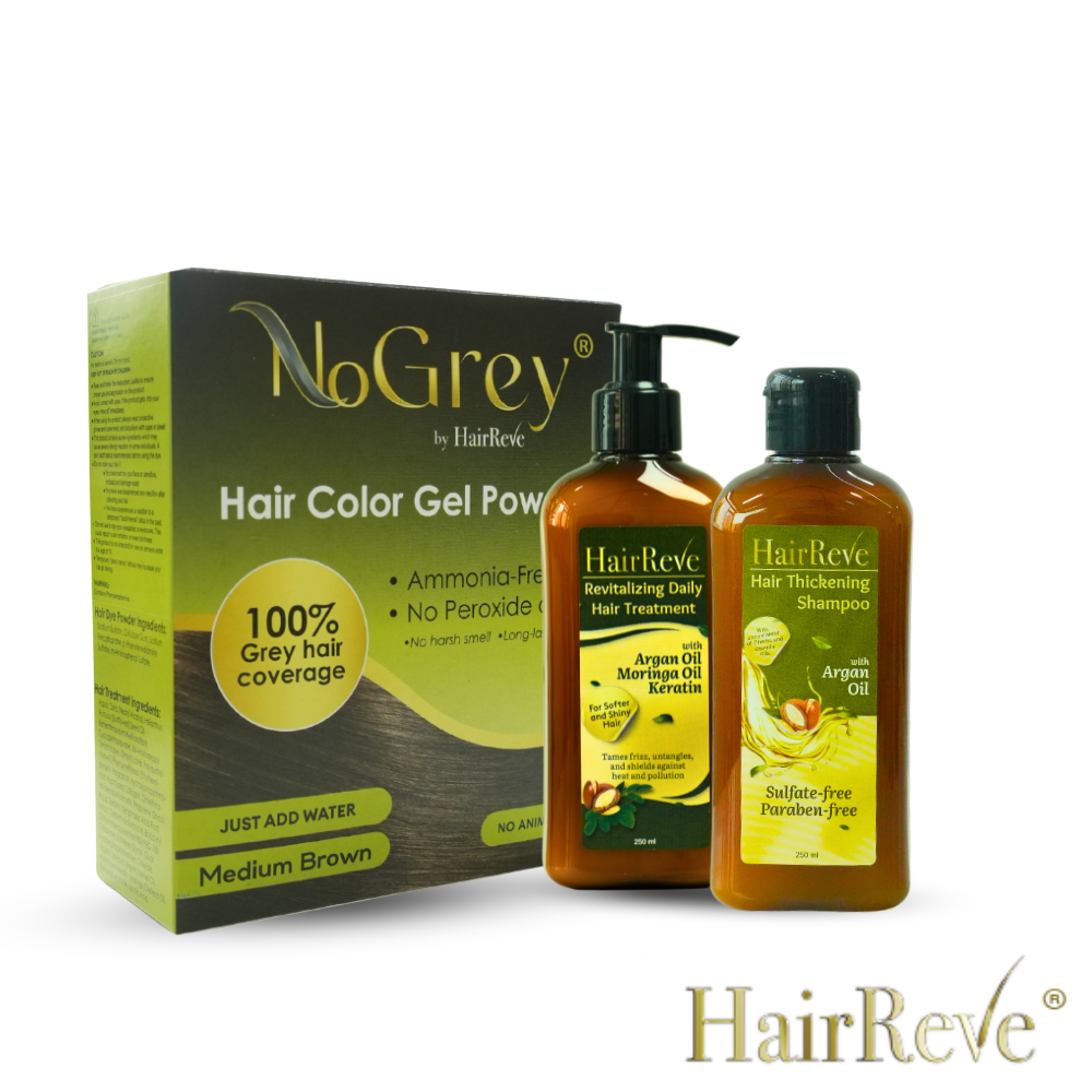 NoGrey HAIR COLOR (No Ammonia Peroxide) + HairReve Sulfate-Free SHAMPOO (250ml) + Revitalizing Daily Hair TREATMENT