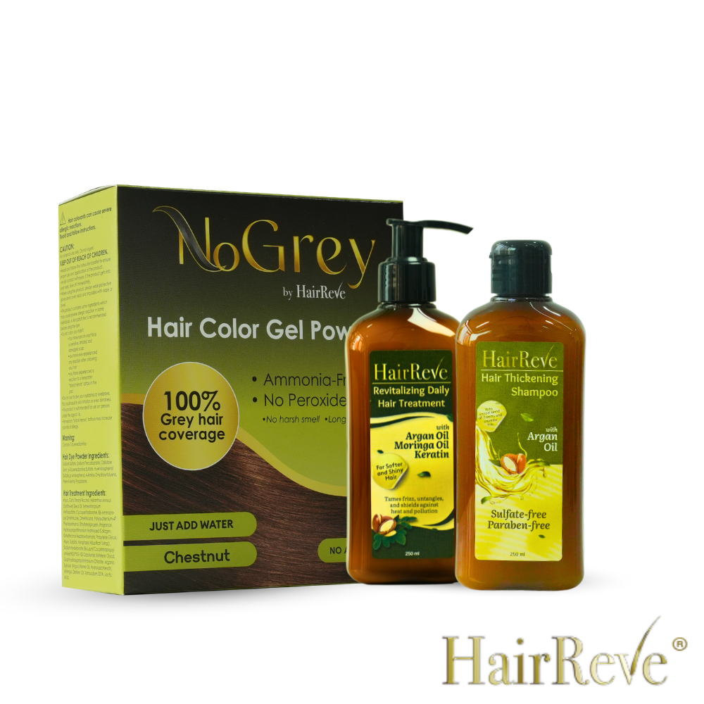NoGrey HAIR COLOR (No Ammonia Peroxide) + HairReve Sulfate-Free SHAMPOO (250ml) + Revitalizing Daily Hair TREATMENT