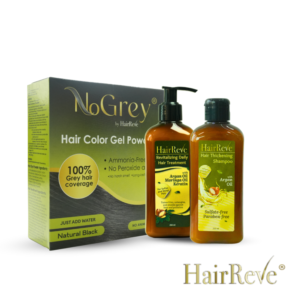 NoGrey HAIR COLOR (No Ammonia Peroxide) + HairReve Sulfate-Free SHAMPOO (250ml) + Revitalizing Daily Hair TREATMENT