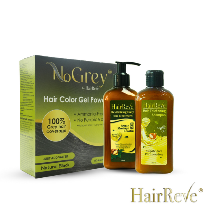 NoGrey HAIR COLOR (No Ammonia Peroxide) + HairReve Sulfate-Free SHAMPOO (250ml) + Revitalizing Daily Hair TREATMENT