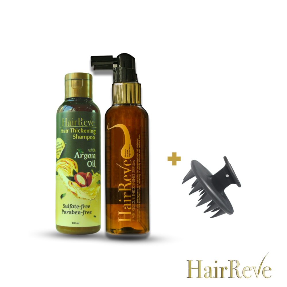 HairReve Hair Rescue Gift Set - Thickening SERUM, Sulfate-Free SHAMPOO & Scalp MASSAGER