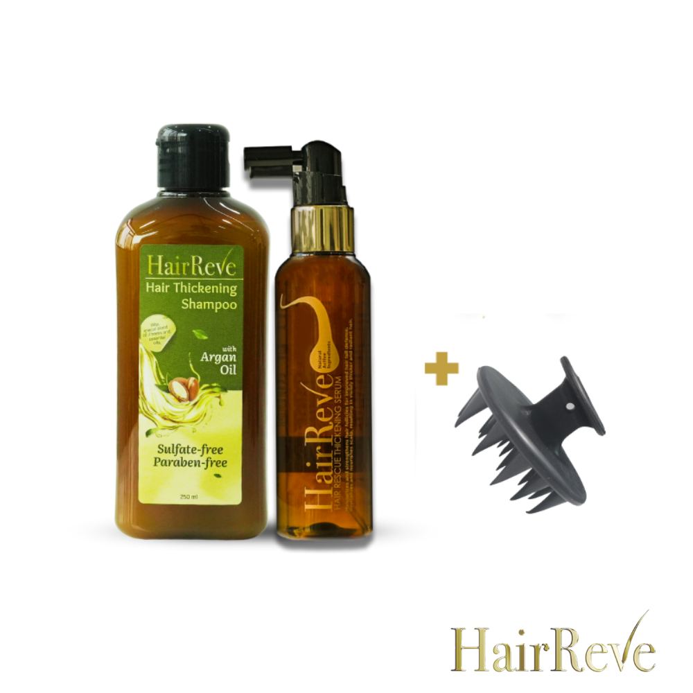 HairReve Hair Rescue Gift Set - Thickening SERUM, Sulfate-Free SHAMPOO & Scalp MASSAGER