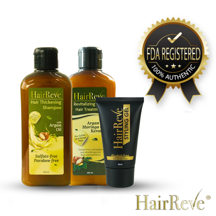 HairReve Sulfate-Free SHAMPOO (250ml), Revitalizing Daily Hair TREATMENT & Styling GEL Bundle