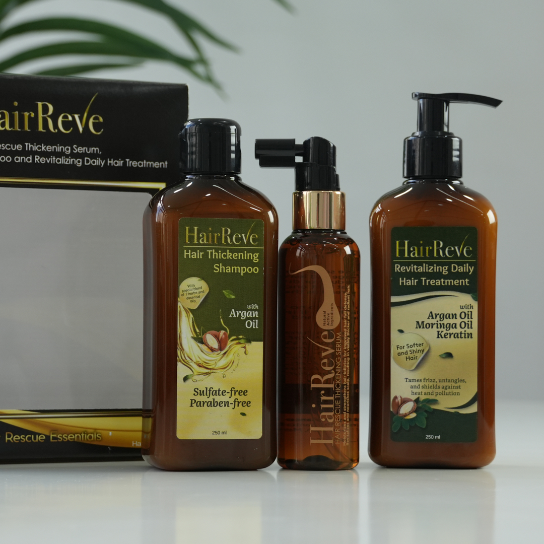 HairReve Black Gift Set - Hair Thickening SERUM, Sulfate-Free SHAMPOO (250ml) & Revitalizing Daily Hair TREATMENT