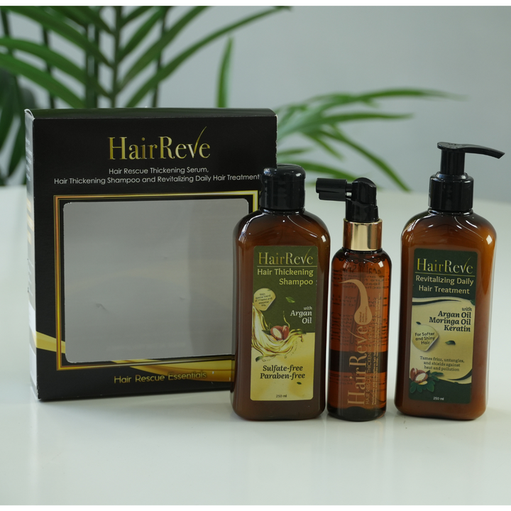 HairReve Black Gift Set - Hair Thickening SERUM, Sulfate-Free SHAMPOO (250ml) & Revitalizing Daily Hair TREATMENT