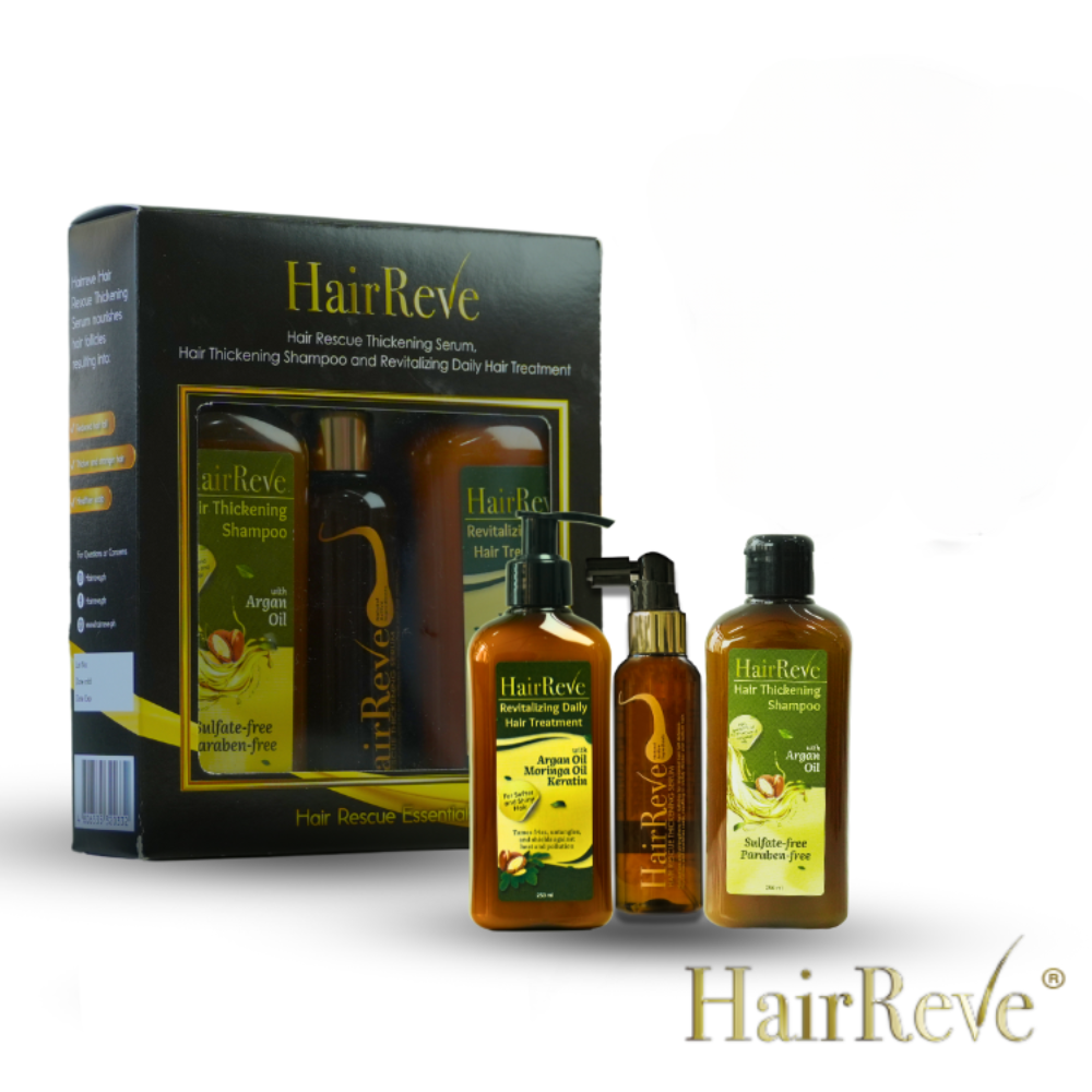 HairReve Black Gift Set - Hair Thickening SERUM, Sulfate-Free SHAMPOO (250ml) & Revitalizing Daily Hair TREATMENT