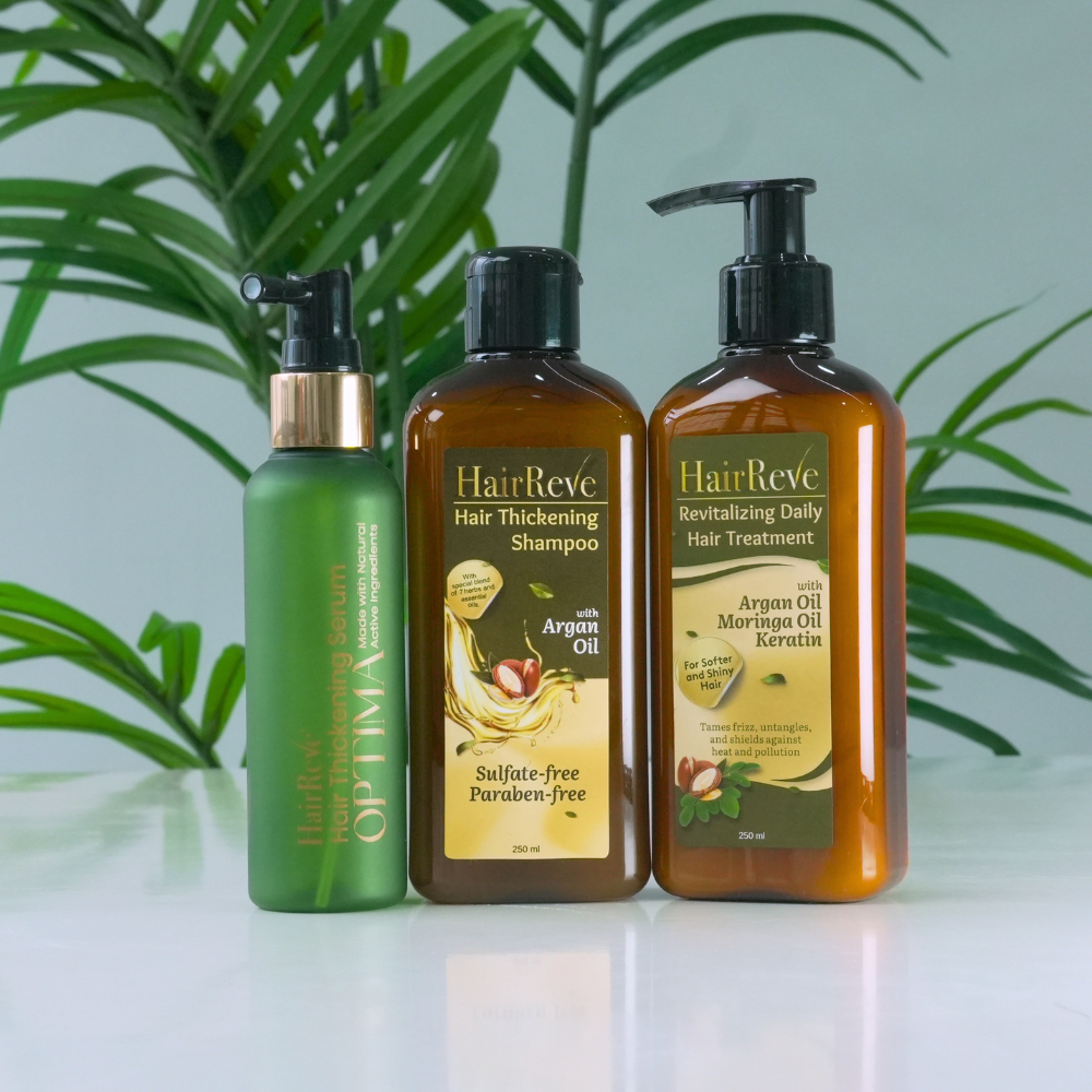 HairReve OPTIMA Hair Thickening SERUM, Sulfate-Free SHAMPOO (250ml) & Revitalizing Daily Hair TREATMENT