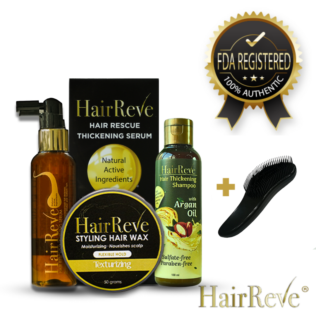 HairReve Ultimate Gift Set - Thickening SERUM + Sulfate-Free SHAMPOO + Styling Hair WAX or GEL + BRUSH