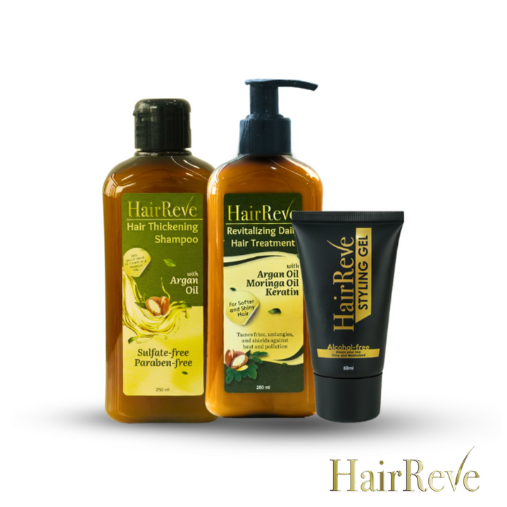 HairReve Sulfate-Free SHAMPOO (250ml), Revitalizing Daily Hair TREATMENT & Styling GEL Bundle