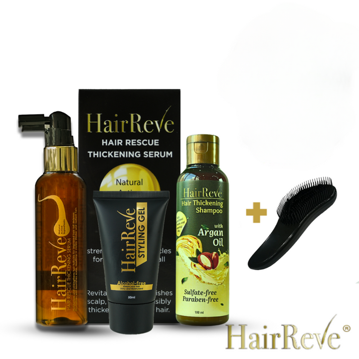 HairReve Ultimate Gift Set - Thickening SERUM + Sulfate-Free SHAMPOO + Styling Hair WAX or GEL + BRUSH