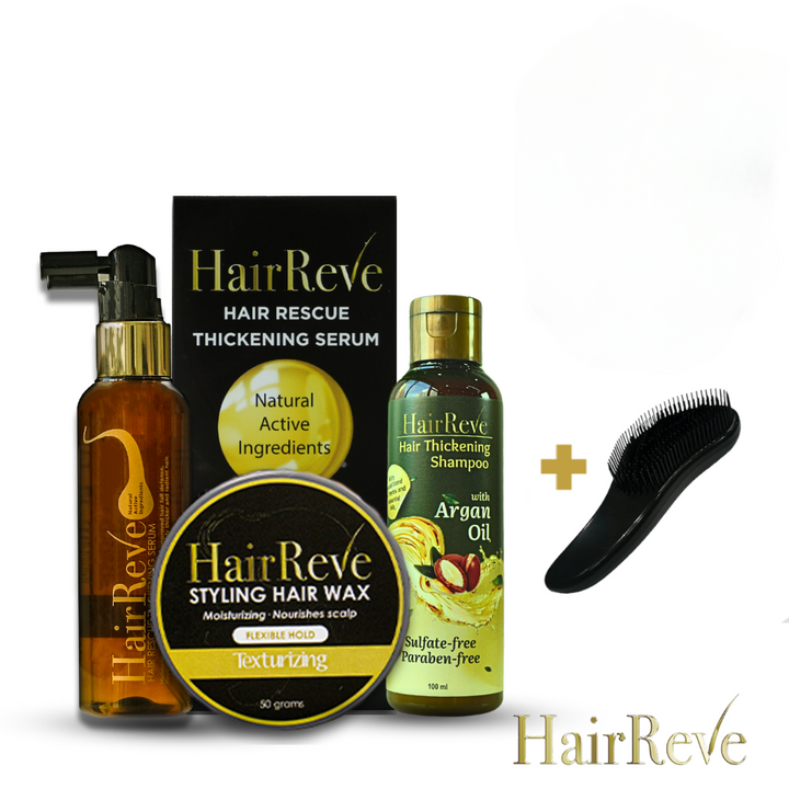HairReve Ultimate Gift Set - Thickening SERUM + Sulfate-Free SHAMPOO + Styling Hair WAX or GEL + BRUSH